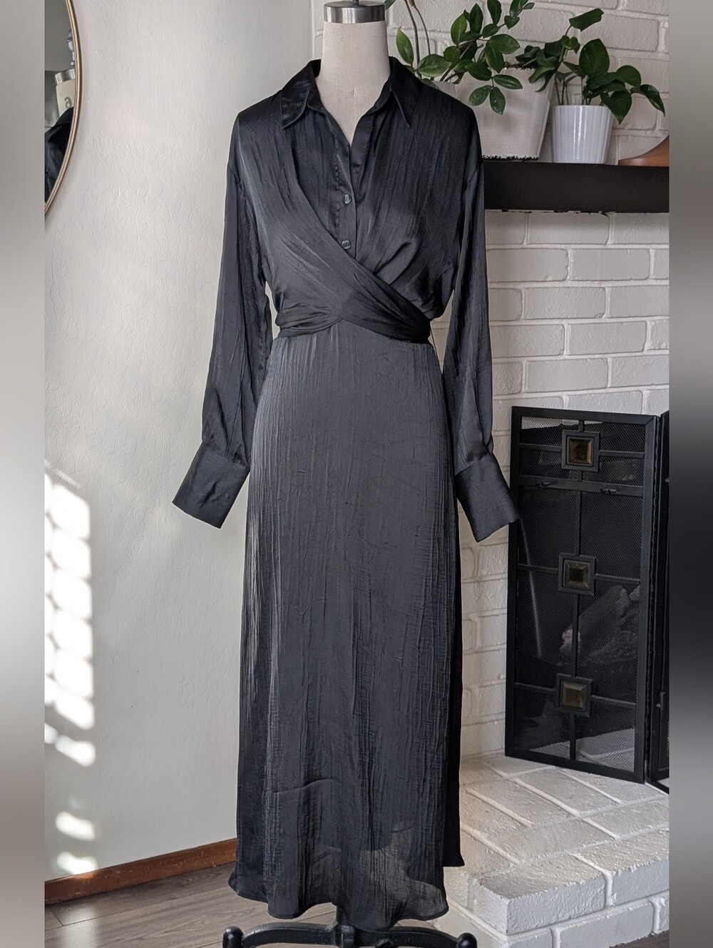 MANGO Black Long Sleeve Button Down Maxi Shirt Dress with Wrapped Front Size 4
